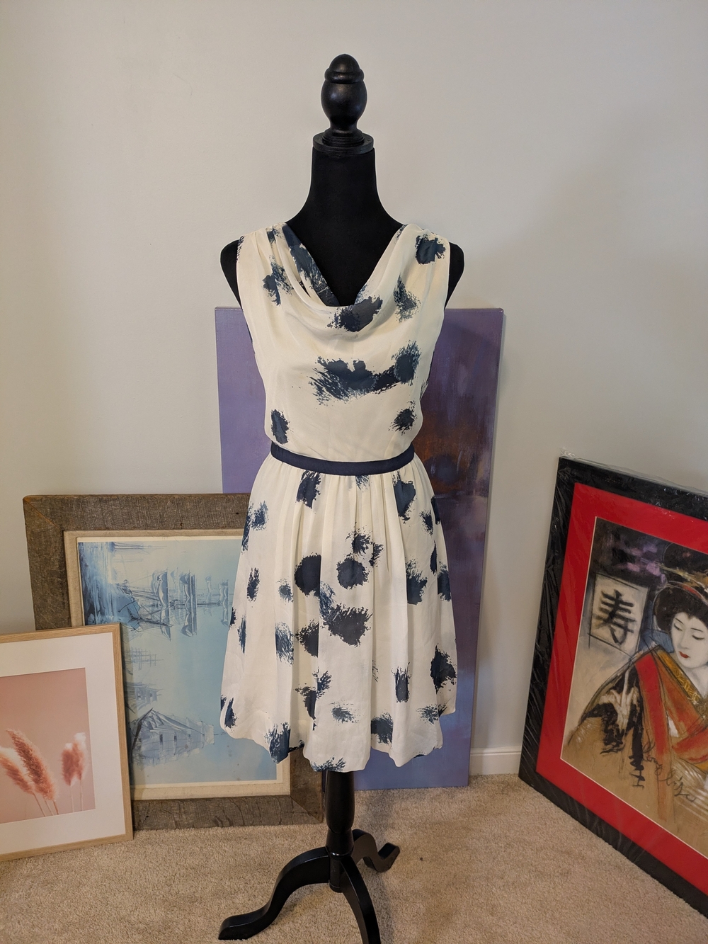 LOFT Cream Dress with Navy Brushstroke Print Size 2 Cowl Neck Midi Pleats